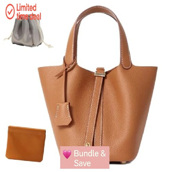 Genuine Leather Bucket Bag with Lock Design, Spacious Shoulder Satchel - Picture 2 of 8